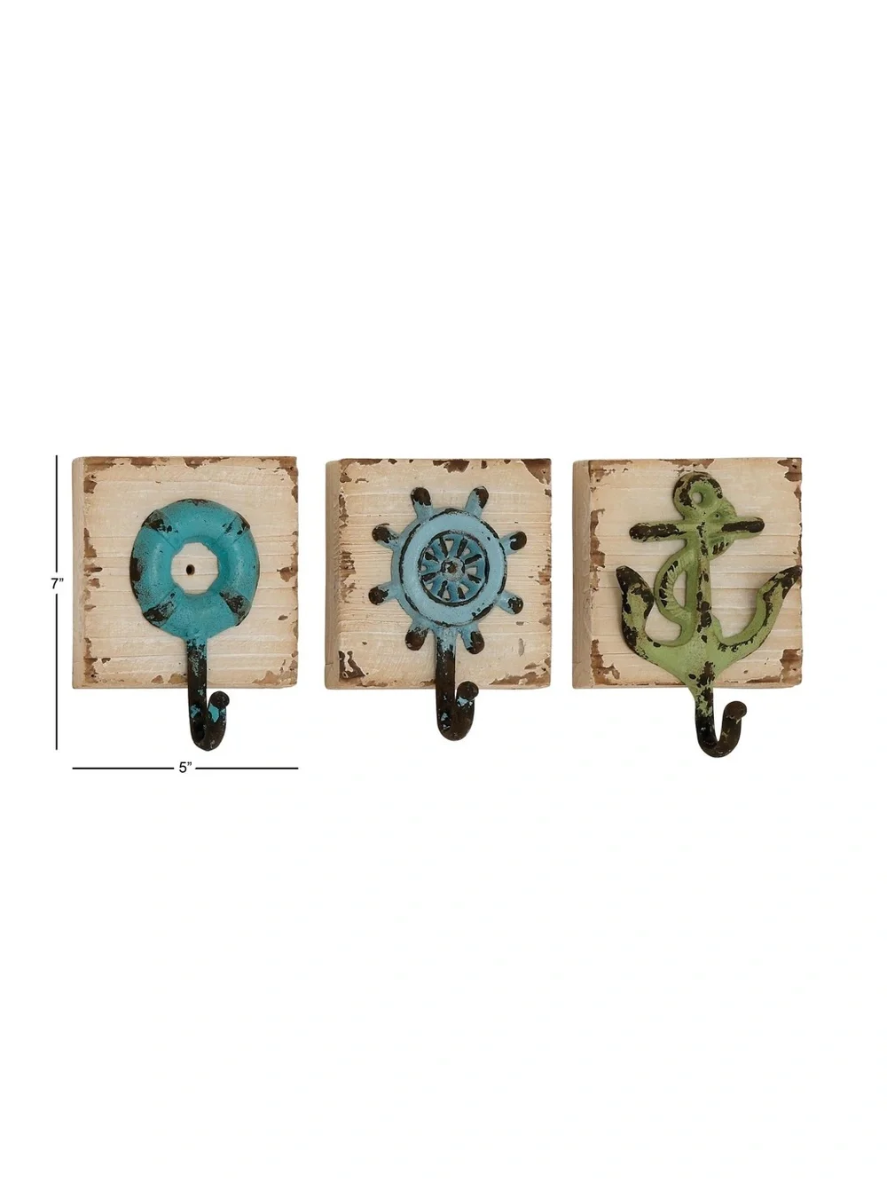 ( New ) Nautical 5”x7”Iron and Wood Wall Hooks Set - Sea Wheel, Anchor & Lifebuo